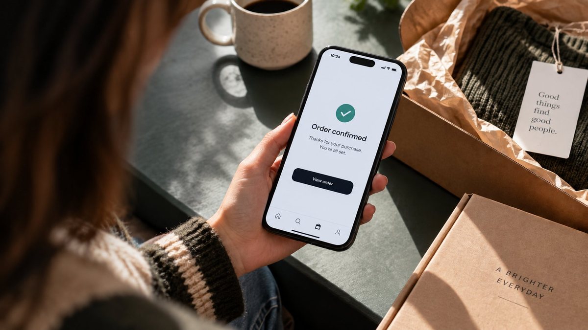 Someone holding a phone showing an order confirmation, beside a part-opened parcel