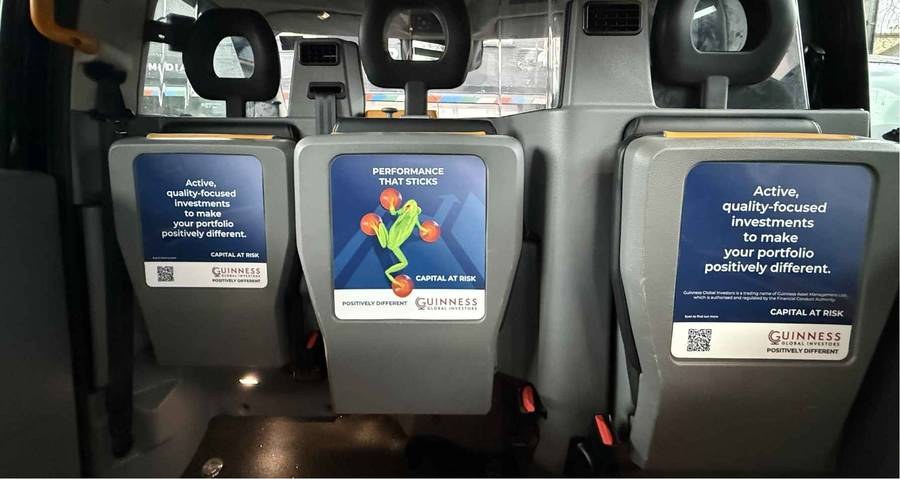 Advertising inside a London taxi, visible to passengers during the journey