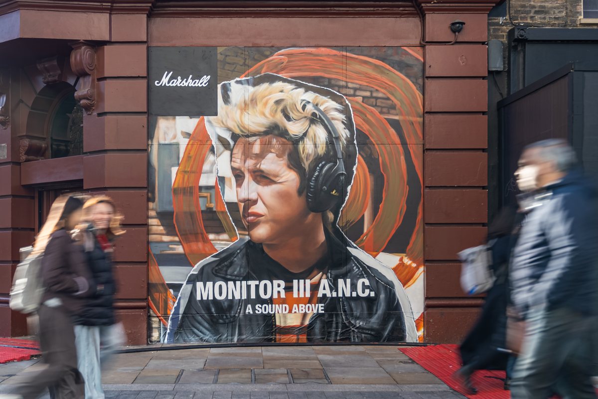 A hand-painted Marshall mural on Denmark Street, London's historic guitar row