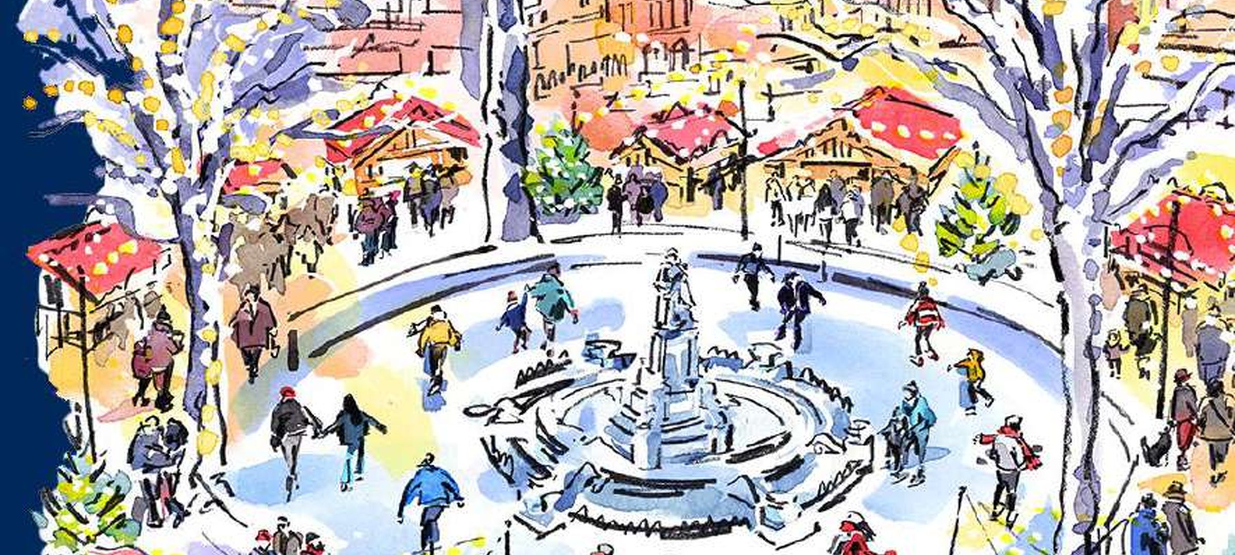 Watercolour illustration of an outdoor ice rink and festive Christmas market