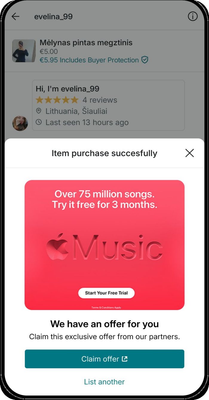 A Vinted purchase confirmation with an Apple Music free trial offer and a claim button