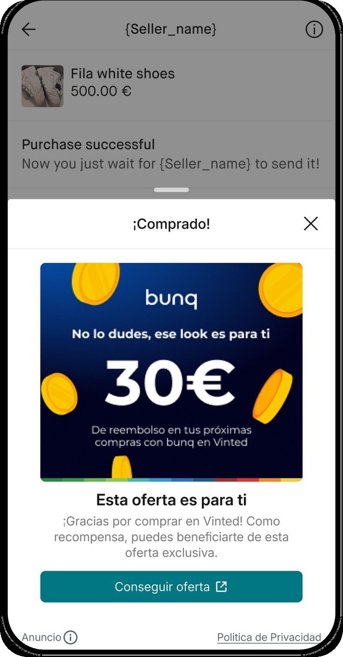 A Vinted purchase confirmation with a bunq thirty euro cashback offer