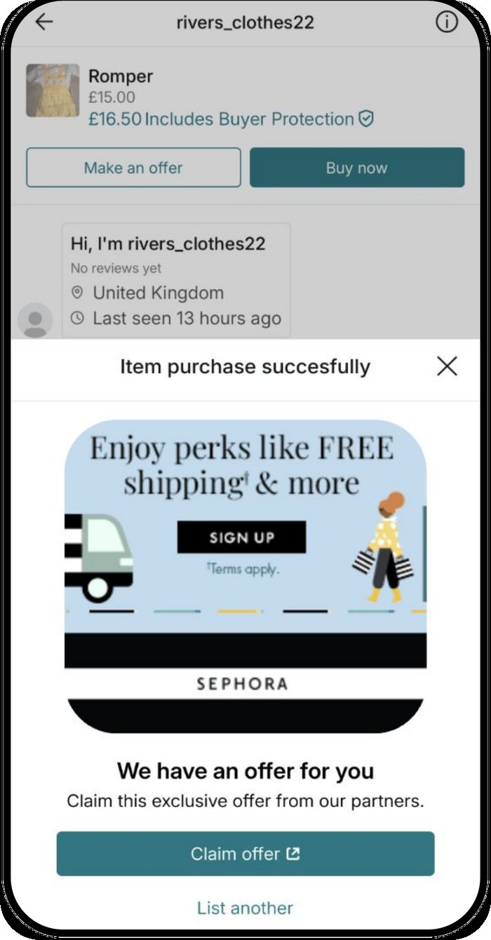 A Vinted purchase confirmation with a Sephora free shipping and perks offer