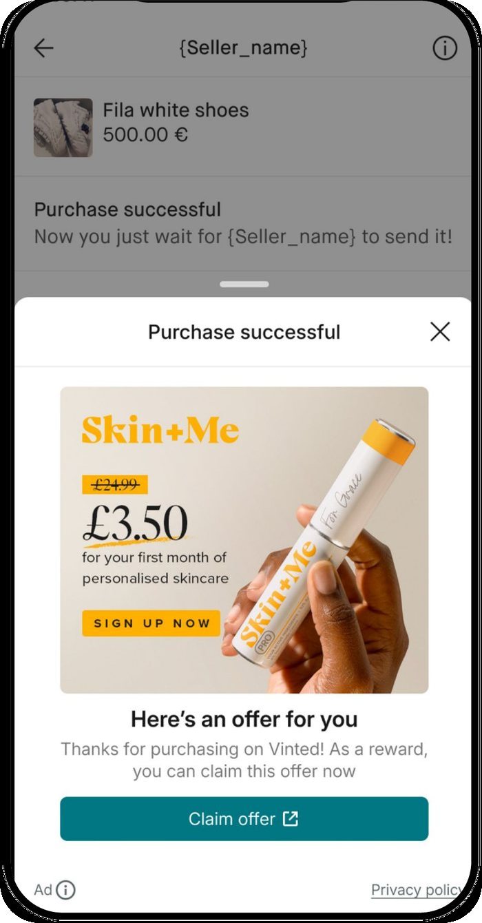 A Vinted purchase confirmation with a Skin+Me first month skincare offer and a claim button