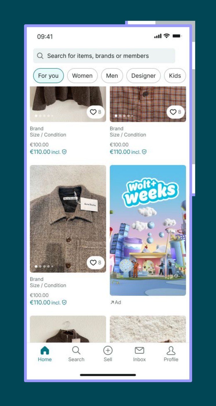 The Vinted app feed with a brand's Native ad sitting in the product grid, labelled as an ad